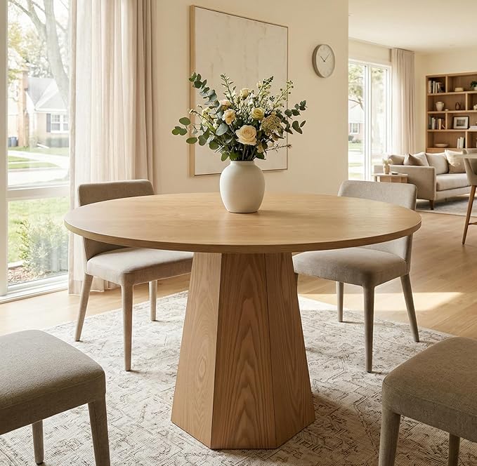 BESTANO 39” Round Solid Wood Dining Table for 4-5 People, Modern Pedestal Dining Kitchen Table, Farmhouse Small Wood Dining Table for Kitchen Easy Assemble, Saving Space, Brown