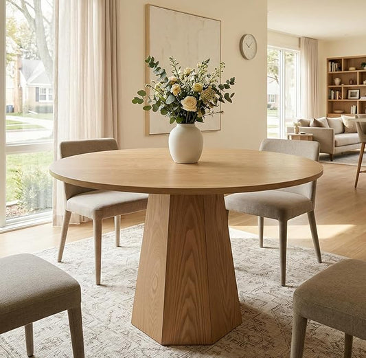 BESTANO 39” Round Solid Wood Dining Table for 4-5 People, Modern Pedestal Dining Kitchen Table, Farmhouse Small Wood Dining Table for Kitchen Easy Assemble, Saving Space, Brown