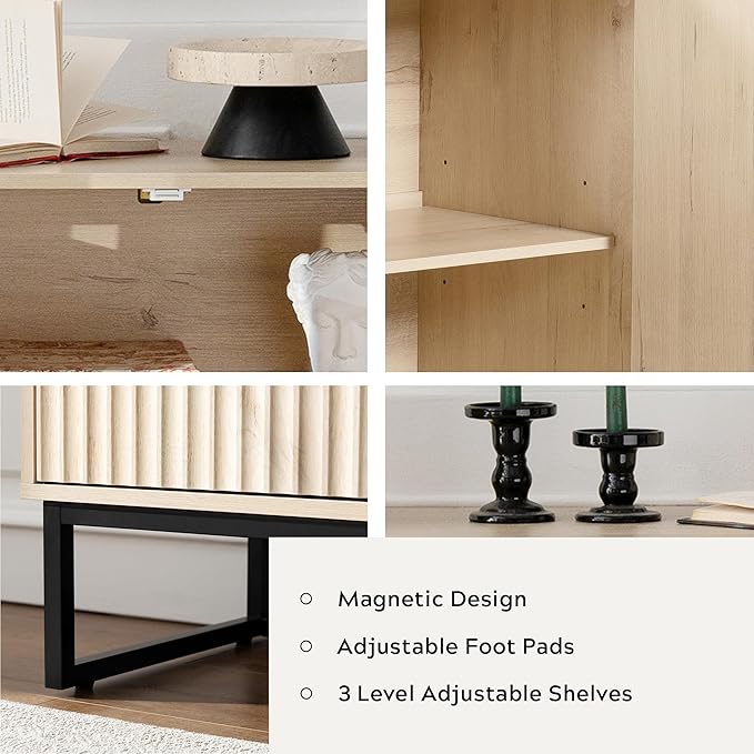 Fluted Storage Cabinet with 4 Doors, 55" Large Sideboard Buffet Cabinet with Adjustable Shelves Kitchen Wooden Credenza Coffee Bar Console Table for Dining Room Living Room, Light Oak