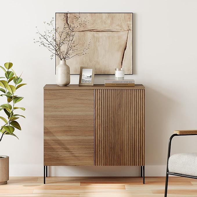 WAMPAT 31.5" Sideboard Buffet Cabinet with 2 Doors and Adjustable Shelves, Fluted Storage Cabinet, Modern Credenza Coffee Bar Wine Bar Table for Kitchen, Dining Room, Living Room, Light Walnut
