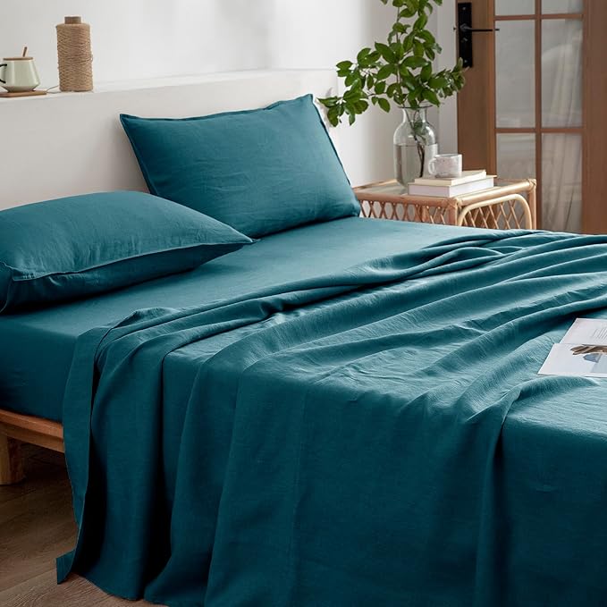 EVERLY Linen Queen Sheets Set, 100% Stonewashed French Linen Bed Sheets Deep Pocket Sheets, 4 Pieces (1 Flat Sheet, 1 Fitted Sheet, 2 Pillowcases) Natural Flax Bedding Set-Graphite Blue
