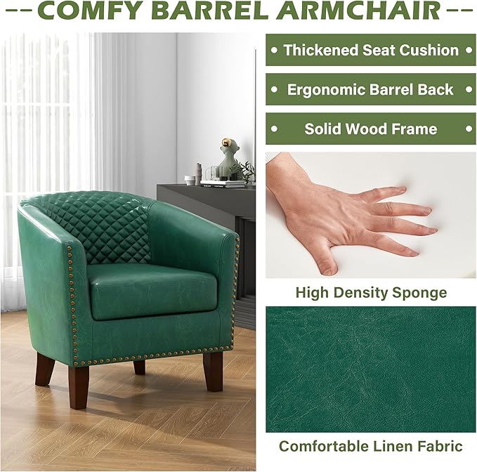 UIXE Faux Leather Barrel Accent Chairs Set of 2, Modern Club Upholstered Arm Chair, Comfy Armchair Nailed Trim Living Room Single Sofa Reading Seat Bedroom Side Sitting for Office, Green
