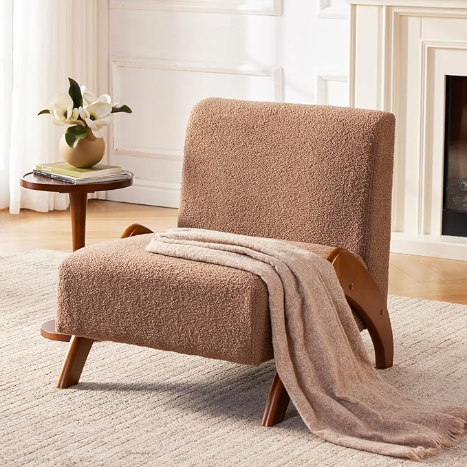 Oversized Accent Chair, upholstered armless mid Century Modern Living Room Chair with Wooden Legs for Bedroom/Office/Cafe, Sherpa Brown