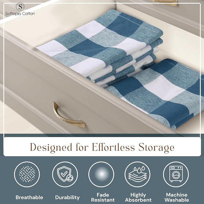 Teal Green Buffalo Check Kitchen Towels, 12 Pack, 100% Cotton, 16x26 Inches, Soft, Absorbent, Quick Dry, Dish Cloths, Bar & Restaurant Cleaning Towels with Hanging Loop, Teal White