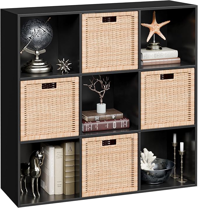 JupiterForce 9 Cube Storage Organizer Wooden Display Shelf W/ 5 Removable Back Panels, Customizable Bookcase Bookshelf for Home, Office, Bedroom and Living Room (Black)