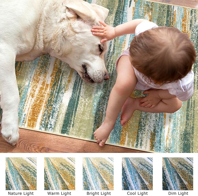 Lansny Modern Abstract Runner Rug 2x12, Green Mustard Multi Washable Long Kitchen Runner Non-Slip Soft Hallway Rug Runner Thin Print Faux Wool Carpet for Entryway Bedroom Laundry Room Indoor