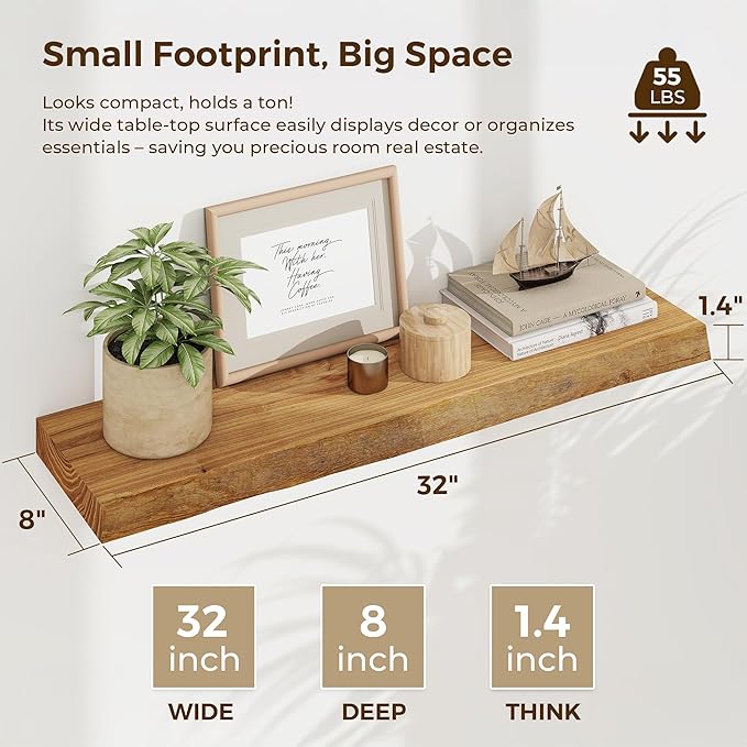 Rustic Floating Shelves for Home Decor, 32 Inch Long Wall Shelves Set of 2, Solid Elm Wood Live Edge Floating Shelf for Wall, 8 Inch Deep Bookshelf for Storage, 32 x 8 Bathroom Shelf, Natural Color