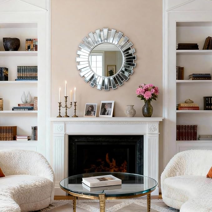 SHYFOY 23.6" Silver Sunburst Wall Mirror, Large Round Beveled Decorative Wall Mirror, Modern Art Deco Accent Mirror for Living Room, Bedroom, Entryway