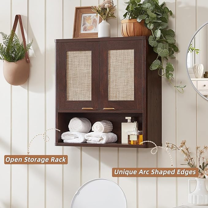 LEYAOYAO Rattan Bathroom Wall Cabinet, Boho Medicine Cabinet with Adjustable Shelf & Doors, Over The Toilet Storage Cabinets Organizer for Laundry Room, Kitchen, Living Room, Walnut