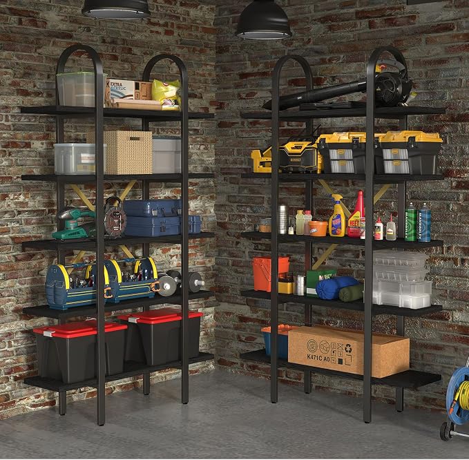 Wide Bookshelf Arched Bookcase, Industrial 5 Tier Open Book Shelves with Metal Frame, 72" Tall Freestanding Heavy Duty Display Rack for Home Office, Living Room,Black,Easy Assembly