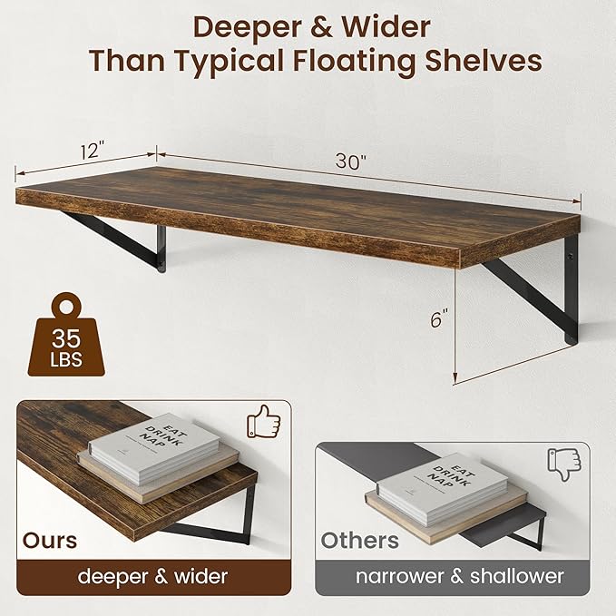 Axeman Deep Floating Shelves - 30 Inch Floating Shelves Set of 2-12 Inch Deep Brown Wood Wall Shelves for Living Room Bathroom Kitchen