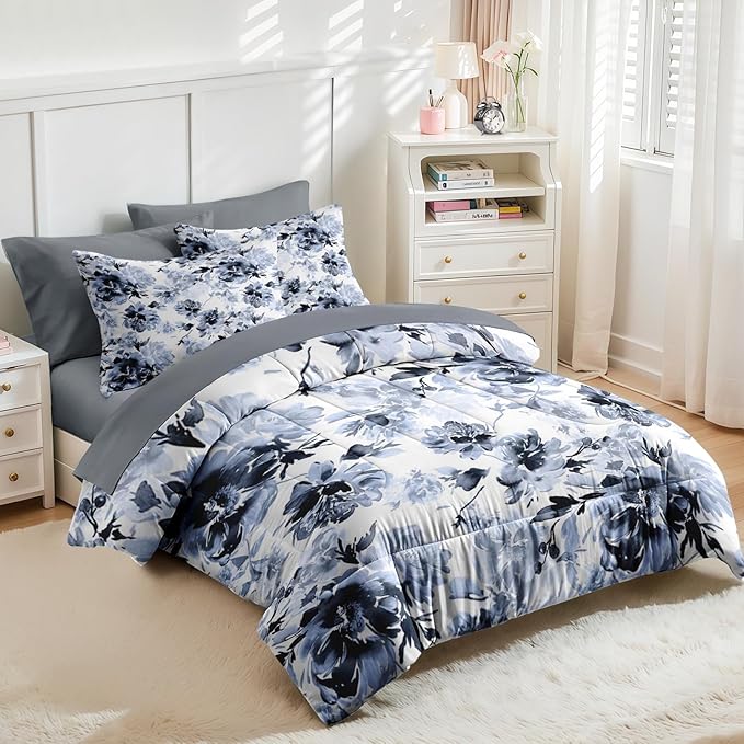 Nesker Comforter Set Full Size, Navy Blue Floral 7 Pcs Bedding for Kids and Adults, Blue White Abstract Bed Sheet Sets with Fitted Sheet 2 Pillowcases & 2 Shams