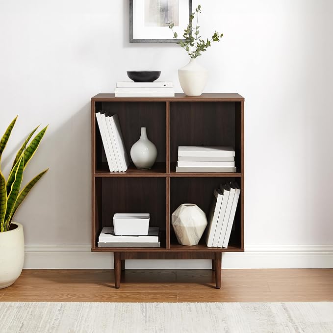 Crosley Furniture Liam Vinyl Record Storage 4 Cube Media Stand for Turntables, Mid-Century Modern Bookshelf, Walnut