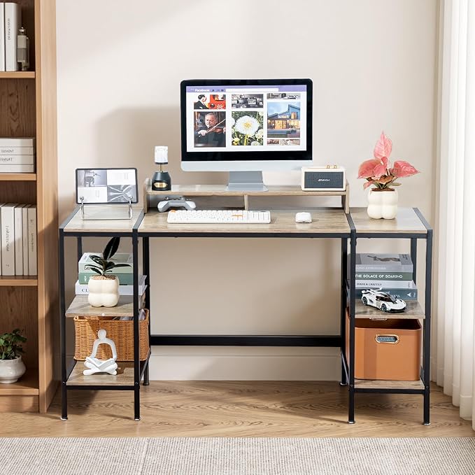 Gaming/Computer Desk - 47” Home Office Small Desk with Monitor Stand, Rustic Writing Desk for 2 Monitors, Adjustable Storage Space, Modern Design Corner Table.