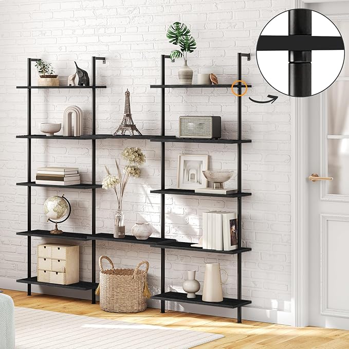 HOOBRO DIY Ladder Shelf, 6-Tier Wall Mounted Bookshelf, Office Vertical Bookcase, Wooden Storage Shelves for Home Office, Bedroom, Black BB65CJ01
