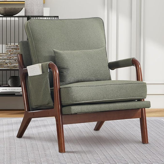 ANJ Mid Century Modern Accent Chair, Lounge Reading Armchair with Extra Side Pocket & Detachable Cushion, Comfy Fabric Accent Chairs for Living Room, Bedroom,Green