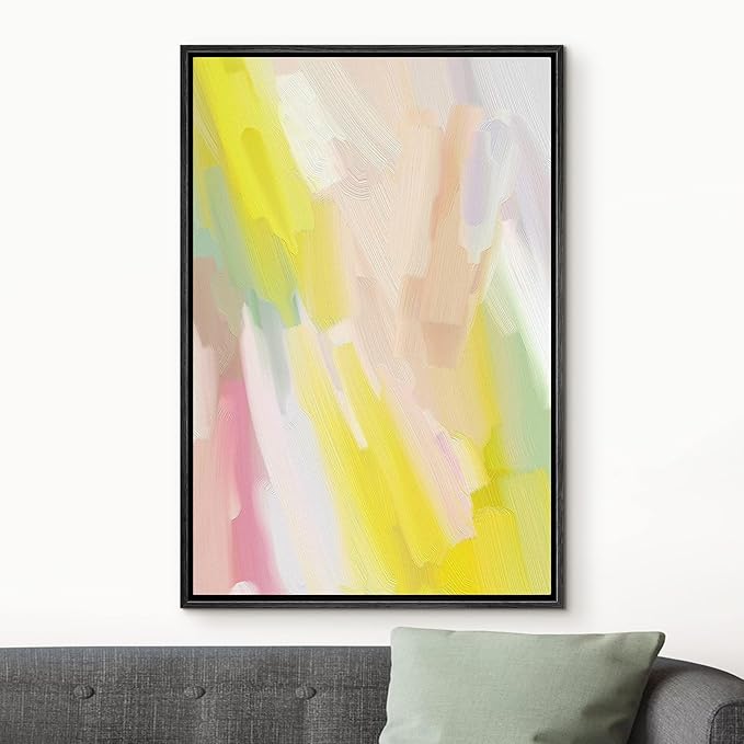 MUDECOR Framed Canvas Print Wall Art Pastel Yellow, Pink & Green Color Field Abstract Shapes Watercolor Modern Art Contemporary Multicolor Ultra for Living Room, Bedroom, Office - 16"x24" Black