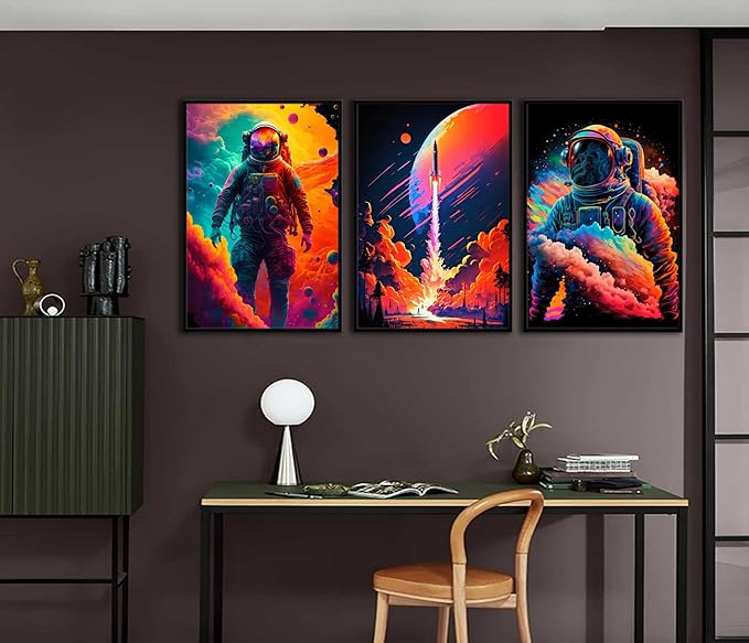 3Pcs Cool Astronaut Wall Art Abstract Colorful Galaxy Spaceman Posters Pictures Fantastic Planet rocket Paintings Prints Surrealism Planets Cosmos Artwork for Boys Bedroom Canvas Wall Decor Unframed