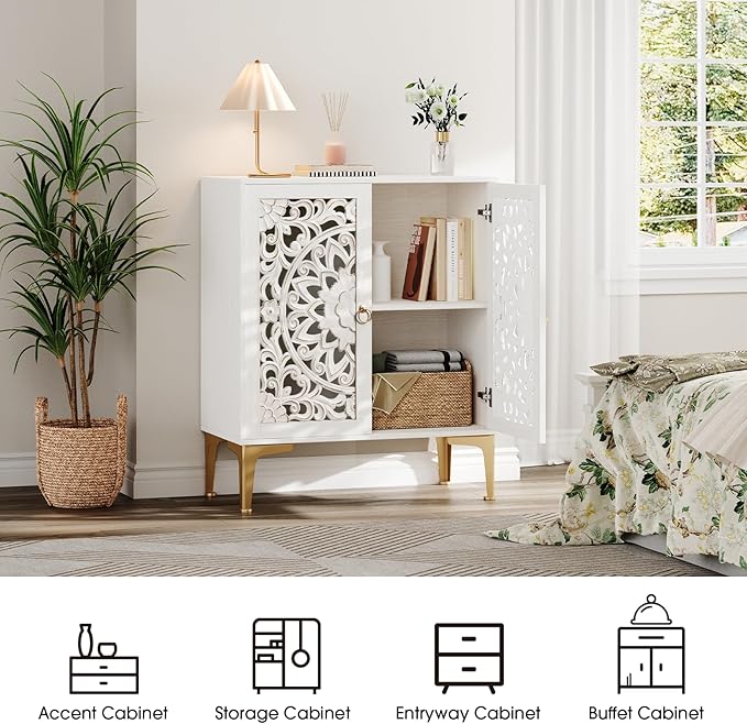 31.5" Accent Cabinet with Mandala Carved Doors, White Boho Sideboard for Storage, Coffee Bar Cabinet & Entryway Table with Gold Legs, Decorative Buffet Cabinet for Dining Room, Living Room