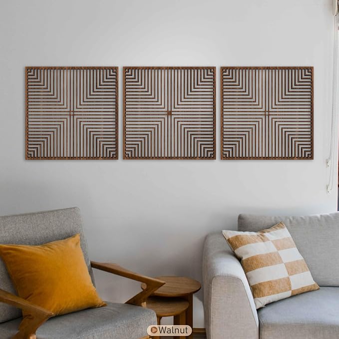 Geometric Square Wood Wall Art Large, Modern Art Deco Lines Wooden Wall Decor, Abstract Panels for Mid Century Style House, Home Gift for Living Room and Bedroom