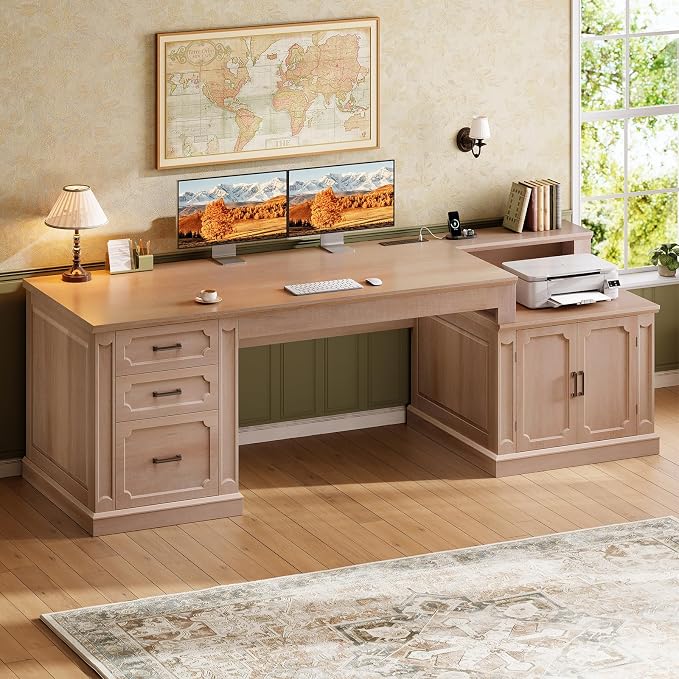 SEDETA Farmhouse 70.9" Executive Desk, Home Office Desk with File Drawers and Storage Cabinet, Computer Desk with Power Outlet for Home Office, Work Study Writing, Oak