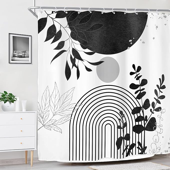 Riyidecor Black White Silver Boho Modern Shower Curtain for Bathroom Decor 72Wx72H Mid Century Bohemian Eucalyptus Leaves Abstract Arch Art Printed Fabric Polyester Waterproof 12 Pack Plastic Hooks
