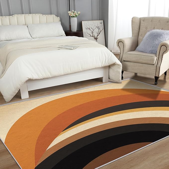Retro Arch Rugs for Bedroom - Washable Mid Century Modern Rugs for Living Room - 5x8 ft - Abstract MCM Design Area Rug & Home Decor - 70s Minimalist Indoor Carpet with Non Slip Backing