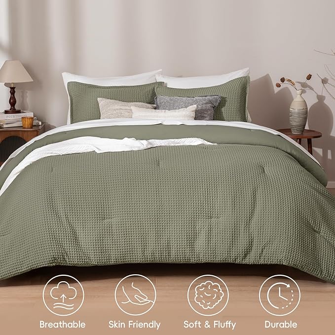 PHF Ultra Soft Waffle Weave Comforter Set Queen Size, 3 Pieces Lightweight Breathable Comfy Bedding Set, Comfy Textured 1 Comforter with 2 Pillow Shams, Dusty Sage