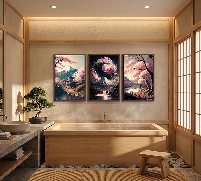 3Pcs Japanese Canvas Wall Art Cherry Blossom Lake Landscape Posters Prints Japan Mount Fuji Wall Decor Pictures for Living Room Bedroom Home Decoration Unframed