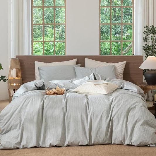 MooMee Striped Duvet Cover Set 100% Washed Cotton Linen Like Textured Breathable Durable Soft Comfy (Heathered Green Pinstripes, Oversized Queen 98"x98")
