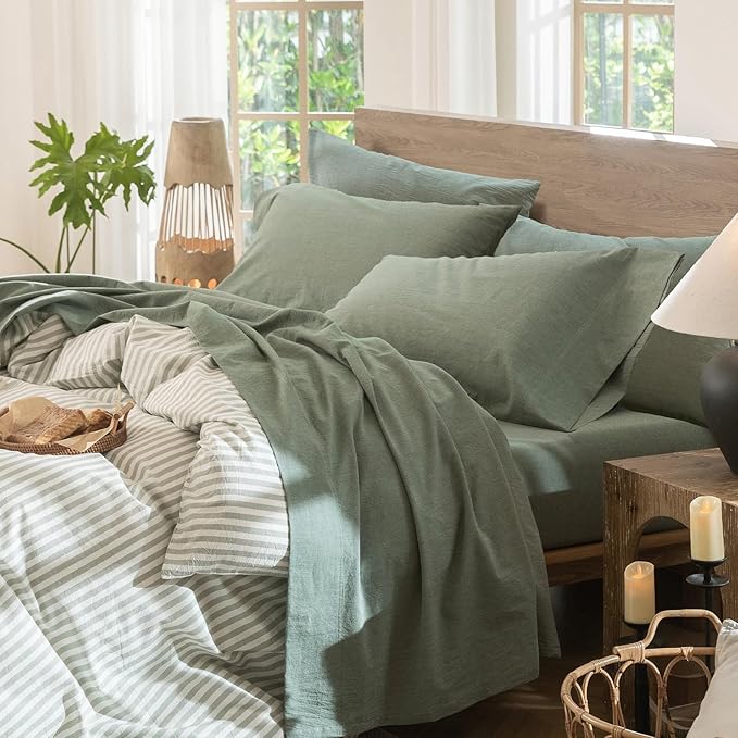 MooMee Bedding Sheet Set 6Pcs 100% Washed Cotton Linen Like Textured Breathable Durable Soft Comfy (Heathered Green, Queen)