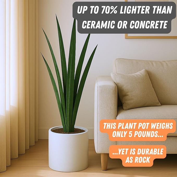 Fox & Fern Large Indoor Planter, Modern Large Plant Pot for Indoor or Outdoor, UV and Frost Resistant - 10 Inch, Fiberstone, Matte White Flower Pot with Drainage Plug, Lightweight