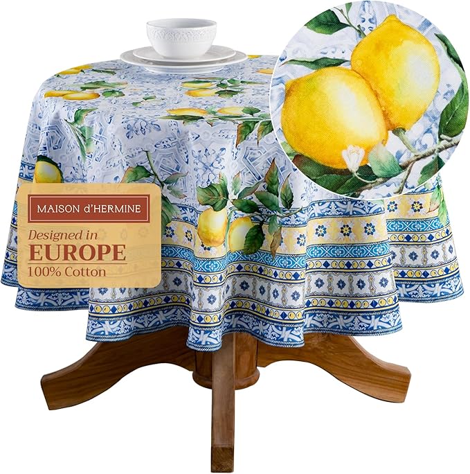 Maison d' Hermine Table Cloth Round Table 100% Cotton 63 Round Inches Tablecloth Reusable Decorative for Dining Room Farmhouse Home Valentines Day Decorations Spring Summer - Citrus