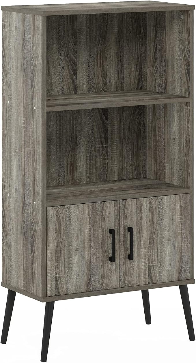 Furinno Claude Mid Century Style Accent Wooden Leg Bookcase Cabinet with Storage Organizer Shelves, French Oak Grey