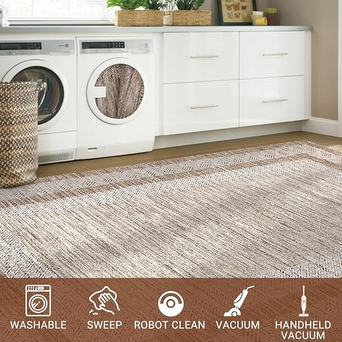 GarveeHome Washable 2.5x10 Kitchen Runner Rug, Easy Clean Geometri Rugs for Hallway Entryway, Indoor Outdoor Non Slip Rug Farmhouse Morden Carpet Door Mat Area Rug for Laundry Room Brown