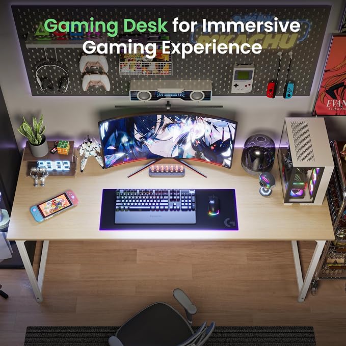 Huuger Computer Desk, 54 Inch Office Desk, Gaming Desk with Storage, Writing Desk Work Desk for Home Office, Study, Modern Simple Desk, Large Legroom, Metal Frame, Maple