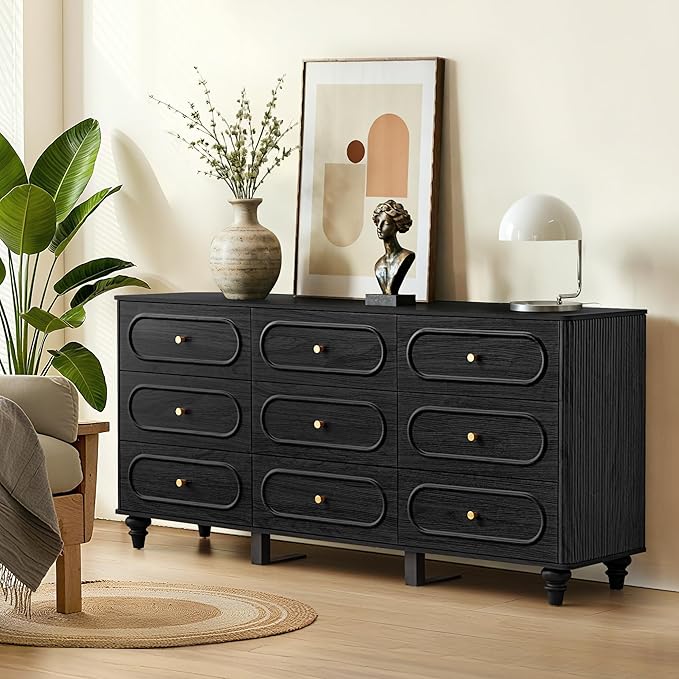 ORRD 9 Drawer Fluted Dresser for Bedroom, Mid Century Modern Chest of Drawers, Wood Storage Small Dresser Organizer for Bedroom Living Room Hallway Closet, Black