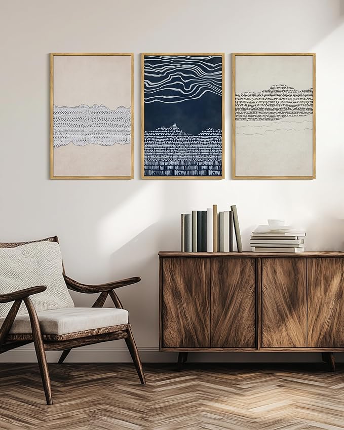 KUVIOKE Navy Blue Abstract Shapes Framed Canvas Wall Art Minimalist Wooden Pastel Boho Wall Decor Modern Neutral Farmhouse Rustic Art Painting for Bedroom Dining Room 24x36in (Natural Framed)