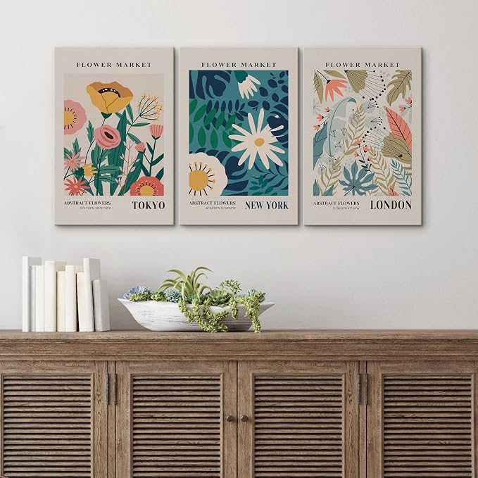 wall26 Canvas Print Wall Art Set Colorful Flower Market Exhibition Prints Nature Wilderness Illustrations Modern Art Decorative Floral Botanical Minimal Calm/Relax/Cozy for Bedroom - 16"x24" x 3