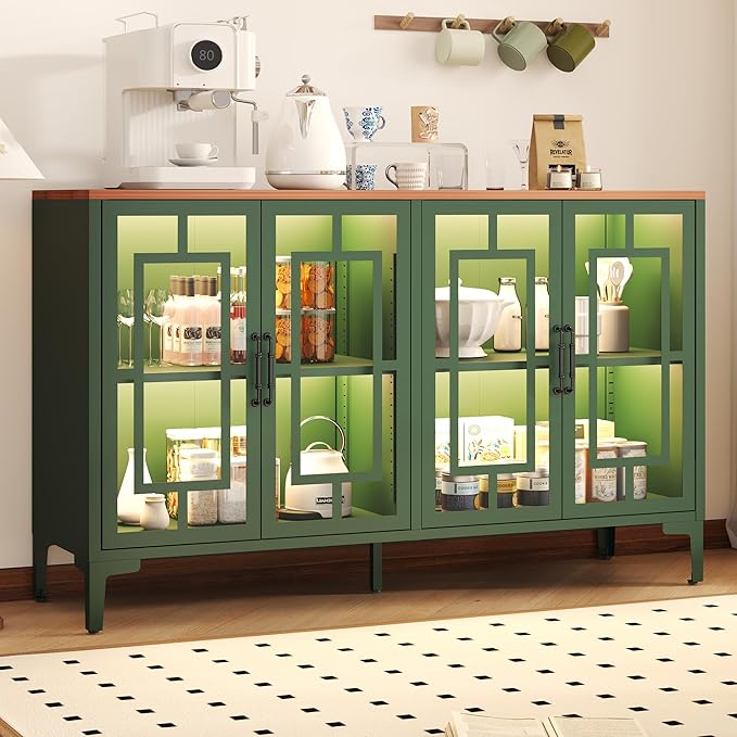 53" Glass Sideboard Buffet Cabinet with COB Lights, Adjustable Shelves, Modern Metal-Wood Buffet Table with Storage, Lighted Coffee Bar Display Cabinet for Dining Room Kitchen, Green