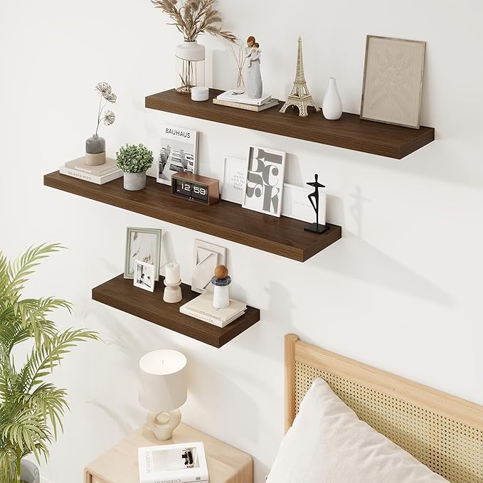 40in Floating Shelves for Wall, 40"W x 9.25"D x 1.25"H, 2 Pack Long Wall Mounted Engineered Wood Shelves with Invisible Brackets for Living Room, Bedroom, Bathroom, Kitchen Decor and Storage, Walnut