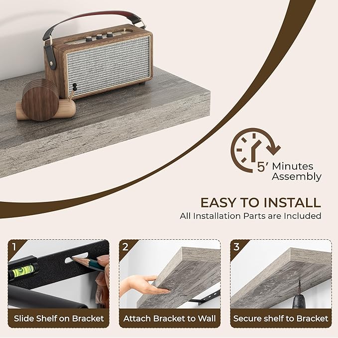 RICHFOCUS 72Inch Floating Shelves for Wall 1 Pack Shelves for Bedroom|Kitchen|Bathroom Wall Mounted Rustic Wood Floating Shelf with Invisible Brackets for Books|Storage|Decor, Grey
