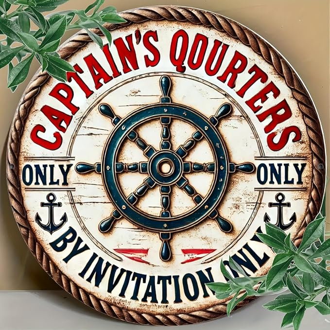 Vintage Captain's Quarters Nautical Aluminum Sign, Invitation-Only Maritime Decorative Wall Plaque for Room, Cafe, Garage, Farmhouse - Circular Foil Engraved Metal Decor