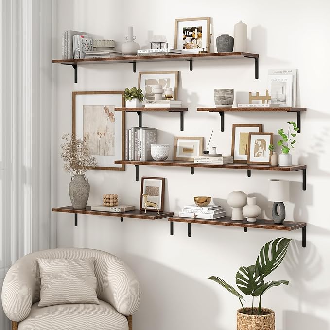 Fun Memories Deep Floating Shelves, 55W x 8D Floating Shelves Set of 2, Wall Mounted Shelf with Metal Brackets, Rustic Wood Wall Shelf for Bathroom, Kitchen and Living Room, Rustic Brown