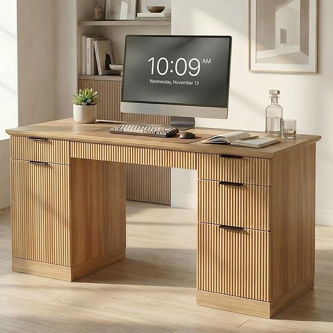 FURSUN 58" Executive Desk with Charging Station & File Drawer, Modern Fluted Home Office Desk with 5 Drawers & Keyboard Tray, Large Computer Writing Desk, Natural Oak