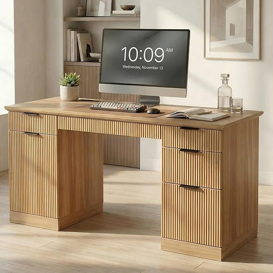 FURSUN 58" Executive Desk with Charging Station & File Drawer, Modern Fluted Home Office Desk with 5 Drawers & Keyboard Tray, Large Computer Writing Desk, Natural Oak