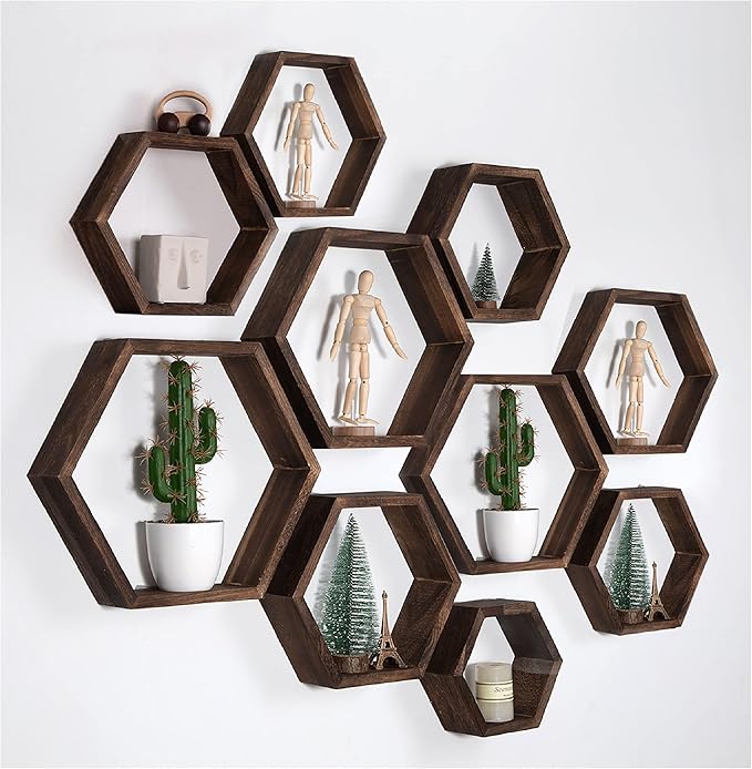 WONFUlity Hexagon Floating Shelves Honeycomb Shelves Wall Mounted Wood Farmhouse Storage Wall Shelf for Bathroom, Kitchen, Bedroom, Living Room,Driftwood Finish Decor,Dark Brwon