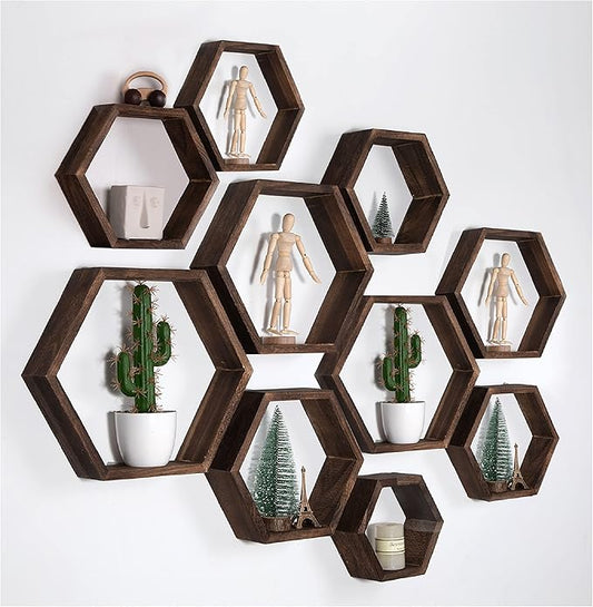 WONFUlity Hexagon Floating Shelves Honeycomb Shelves Wall Mounted Wood Farmhouse Storage Wall Shelf for Bathroom, Kitchen, Bedroom, Living Room,Driftwood Finish Decor,Dark Brwon