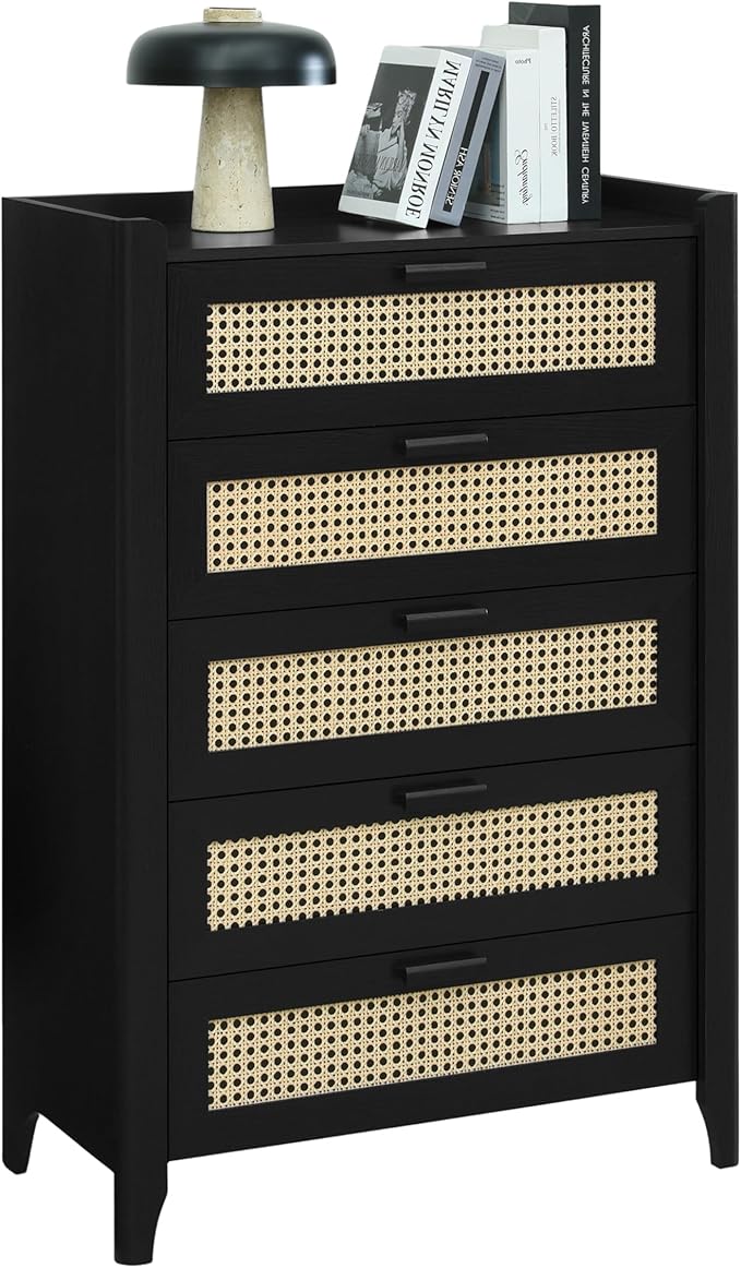 ELISA HOME Rattan-Inspired 5 Drawers Dresser for Bedroom, 47.2" Tall Modern Chest of Drawers, Wood Drawer Organizer for Clothes, Entryway, Hallway, Nursery or Living Room, Black