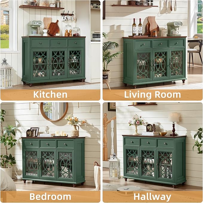 Farmhouse Sideboard Buffet Cabinet Set of 2 with Storage,48" Large Credenza with 3 Glass Doors & 3 Drawers,Adjustable Shelves Console Table,Wood Kitchen Coffee Bar for Dining Room,Green